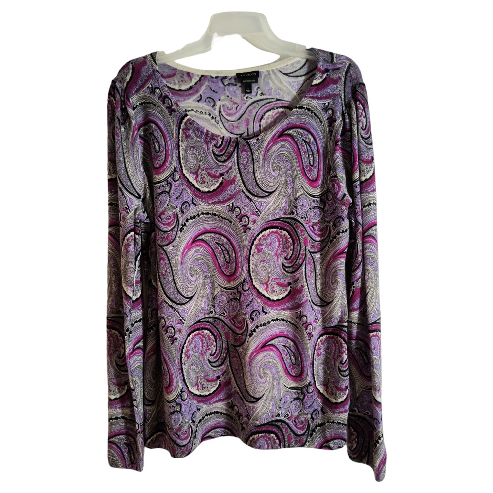 Talbots Women's Merino Wool Sweater Size L Purple paisley Long Sleeve